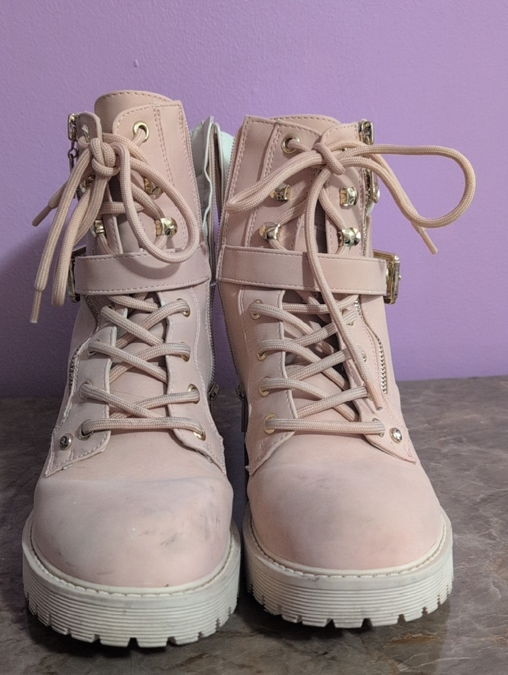 Chunky Pink Lace-Up Ankle Boots with Buckle Detail